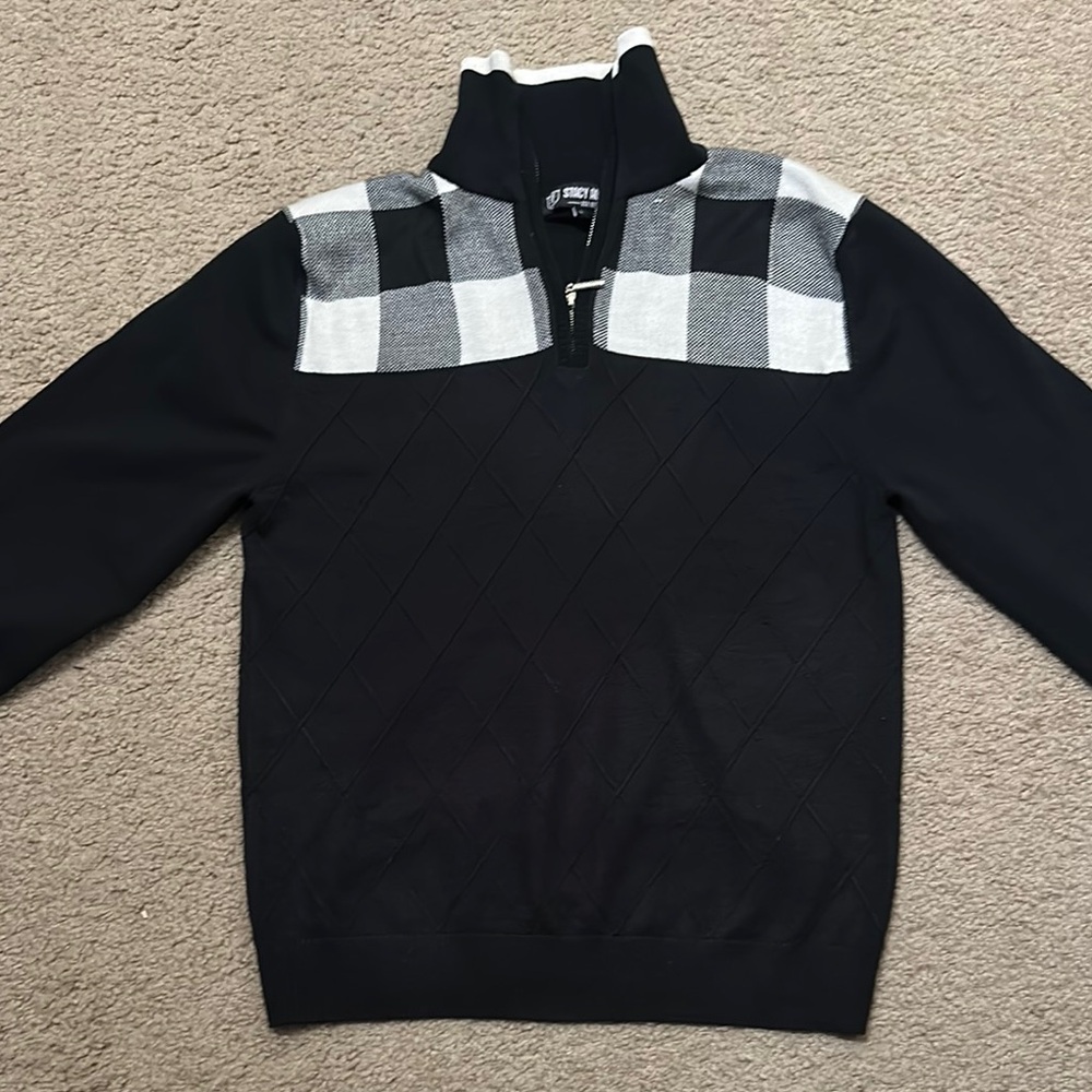 Stacy Adams Mens 1/4 Zip Mock Neck Pullover Sweater Black Gray Checkered Size L